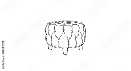 Tufted round pouf ottoman line drawing on gray background