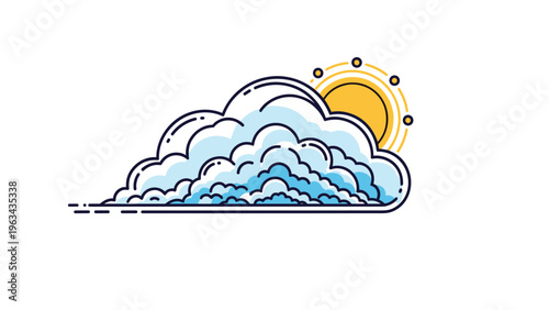 Stylized weather icon showing a bright yellow sun partially hidden behind a large, detailed white and blue cloud for forecast reporting.
