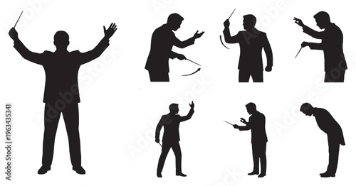 Set of conductor silhouettes in various poses, leading an orchestra with a baton, isolated on a white background.