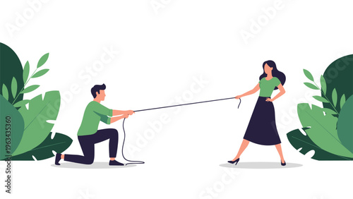 Man and woman engaged in a tug of war game, pulling on opposite ends of a rope in a park setting, symbolizing competition or struggle.
