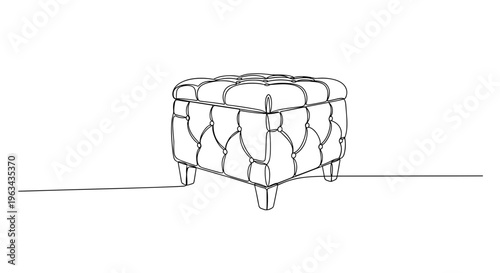 Tufted round pouf ottoman line drawing on gray background