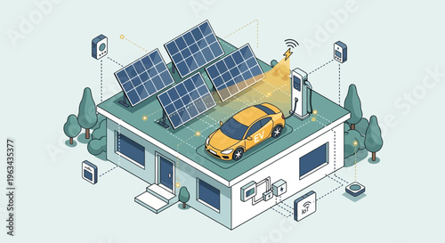 Smart Home with Solar Panels and Electric Car Charging Station.