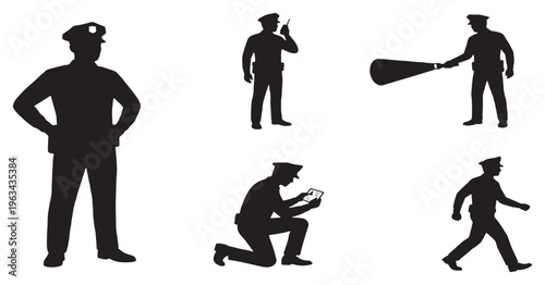 Set of black silhouettes of policemen in various poses, including standing, talking on radio, directing traffic, kneeling, and walking, on a white background.