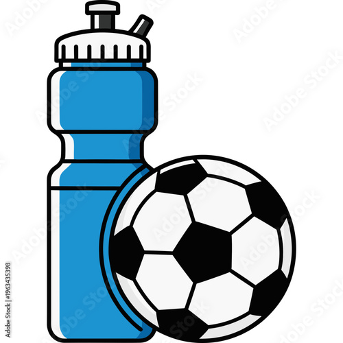 A blue sports bottle and a soccer ball are placed on the ground.