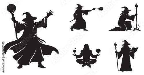 A collection of wizard silhouettes in various magical poses, perfect for fantasy-themed designs and mystical illustrations.