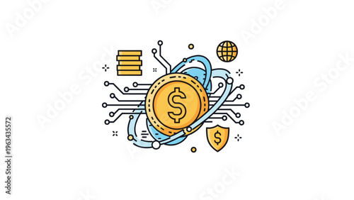 Central golden dollar coin icon surrounded by digital circuit lines, orbiting particles, and shield icons, representing fintech security.