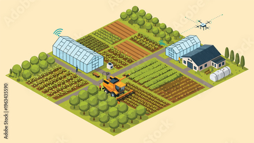 Aerial isometric view of a modern farm featuring greenhouses, fields, a harvester, a drone, and advanced agricultural technology.