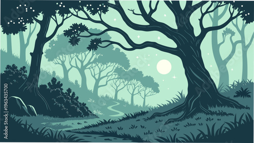 Mystical Enchanted Forest Night T-Shirt Design Landscape