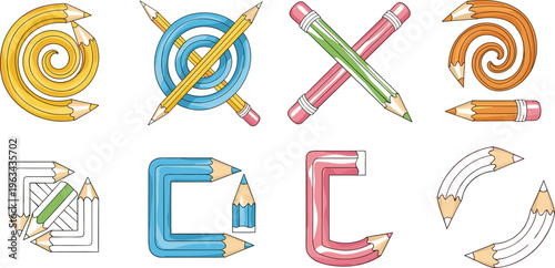 Creative alphabet letters made of pencils vector set with colorful typography and school design elements