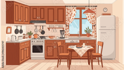 Detailed interior of a traditional rustic kitchen with wooden cabinets, a dining table, stove, refrigerator, and floral window curtains.