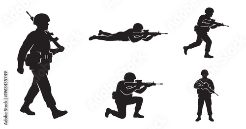 Set of black silhouettes of soldiers in various action poses, including walking, crawling, running, kneeling, and standing with rifles.