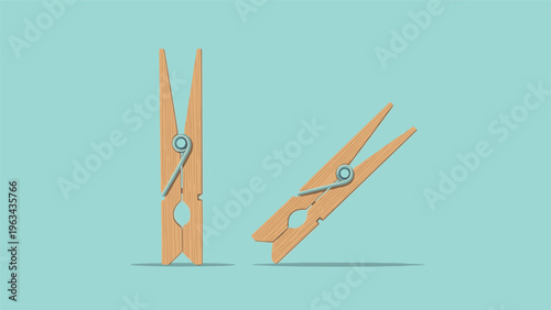 Two wooden clothespins, one vertical and one tilted, set against a solid light blue background in a simple and clean illustration.