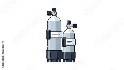 Pair of metal scuba diving air tanks of different sizes with valves and regulators, standing upright on a white background.