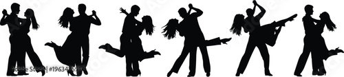 Dancing couple silhouettes collection, romantic ballroom poses, black vector illustration, love and passion concept, elegant dancers set, isolated figures design