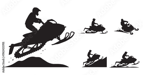 Snowmobile riders in various action poses, including jumping and climbing, depicted in black silhouette on a white background.