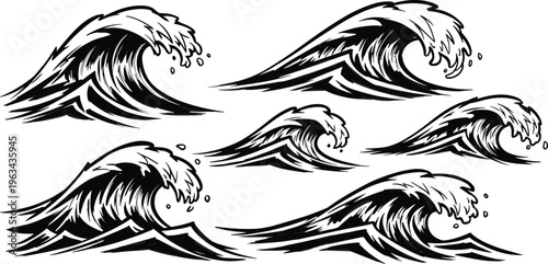 Ocean wave silhouettes collection, dynamic sea waves set with splashes and motion, marine design elements for tattoo, surf, and nautical illustration
