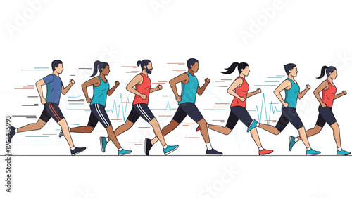 Group of diverse people from various backgrounds and ages running together in a line with a heartbeat line graphic in background.