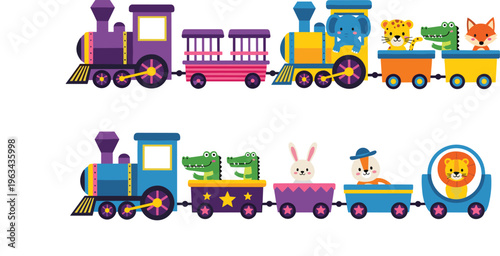 Cute animal train vector set with cartoon locomotive, wagons and jungle animals in colorful kids style