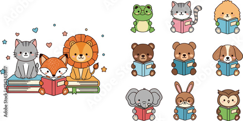 Cute animals reading books vector set with lion, fox, cat, bear, owl and adorable cartoon characters
