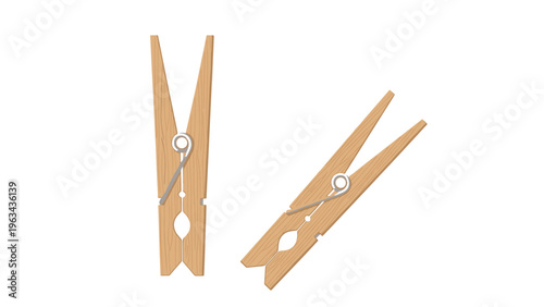 Pair of classic wooden spring-loaded clothespins displayed on a clean white background used for hanging laundry and creative crafts.