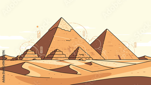 Artistic depiction of the Pyramids of Giza in a desert setting featuring stylized circular patterns and Egyptian hieroglyphic symbols.