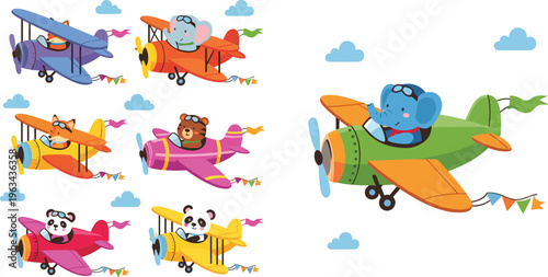 Cute animals flying airplanes vector set with cartoon pilots, colorful aircraft and playful kids aviation illustration style