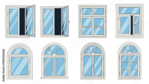 Diverse collection of architectural window styles including modern rectangular frames and classic arched designs with blue glass panes.