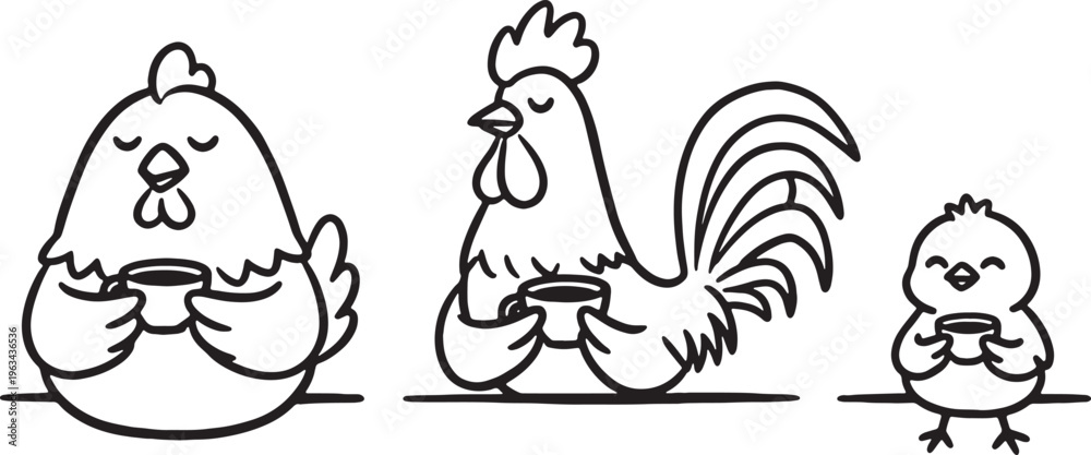 Fototapeta premium chicken rooster and chick holding coffee cups in line