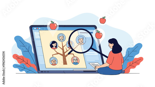 Young woman using a magnifying glass to explore her family tree displayed on a laptop screen with apples as metaphors for relatives.