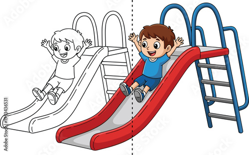 Split illustration of child sliding down playground slide showing black‑and‑white outline on left and colorful version on right, representing transformation, fun 