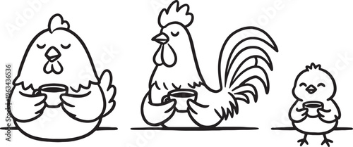 chicken rooster and chick holding coffee cups in line