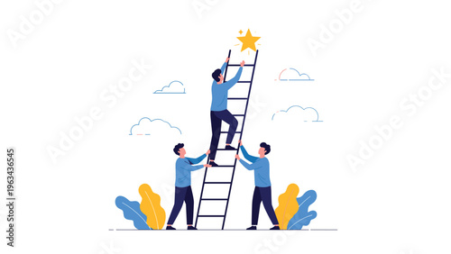 Group of people working together to help a colleague climb a tall ladder and reach a golden star of success against a blue background.