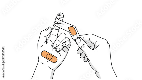 Hands carefully applying a white medical bandage and an orange adhesive plaster to a wounded finger against a plain white background.
