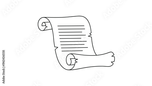 Clean black and white line drawing of a traditional rolled paper scroll with lines representing text on a plain white background.
