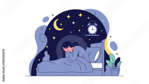 Stressed woman sitting up in bed at night suffering from insomnia with a large clock and moon representing her struggle to sleep.
