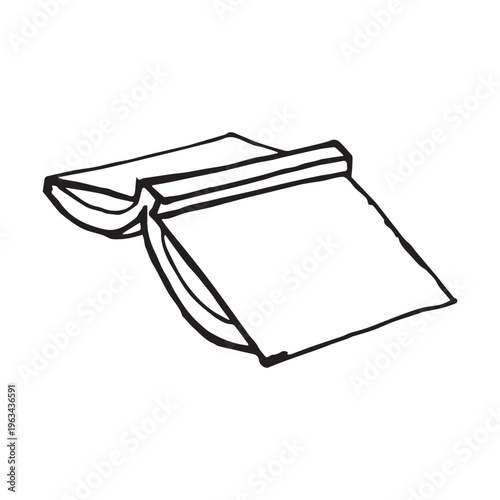 Open book face down hand drawn sketch illustration. Reading concept doodle, bold outline, black on white. Literature and education design for blog, editorial and book lover content.