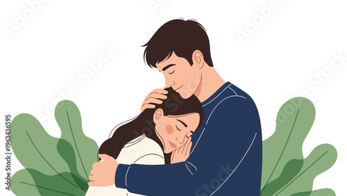 Romantic couple sharing a warm and tender hug surrounded by large green leaves representing their love and deep emotional connection.