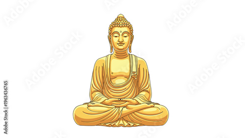 Golden statue of Gautama Buddha sitting in a traditional meditative lotus position symbolizing peace, mindfulness, and spiritual enlightenment.
