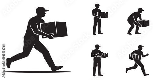Delivery man silhouette set with various poses, carrying boxes for shipping and courier services, isolated on white background.