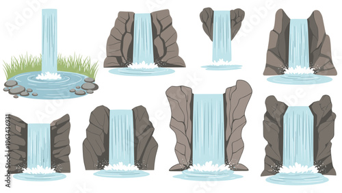 Variety of stylized waterfall illustrations cascading down rocky cliffs into calm pools of water for nature and environment design projects.