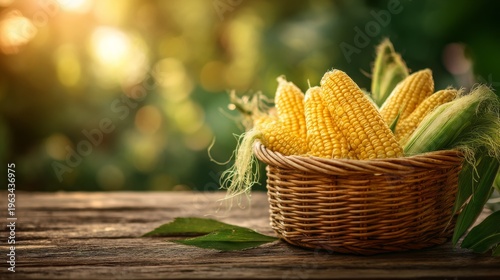 Fresh Yellow Corn in a Basket on Wooden Table Against Green Background