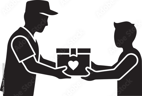 Black silhouette of delivery man handing a gift box with a heart to a customer isolated on transparent background