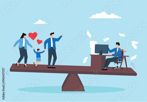 Flat illustration of seesaw compares family and hard work illustrating balance between career success and family time