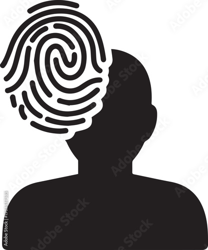 Black silhouette of a person with a fingerprint replacing their head, isolated on white background