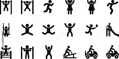 Kids playground activity icons set, children playing, swinging, jumping, running, climbing, sliding, vector silhouette symbols for fun recreation design collection