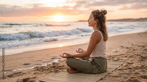 Young woman meditating on sandy beach at sunrise with ocean waves and golden light