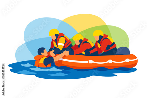 Rescuer helping person in water with life vest.