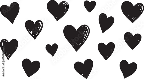 A collection of hand-drawn black heart illustrations in various sizes and shapes, featuring a distressed, sketchy texture with white highlight details for a playful and artistic look.
