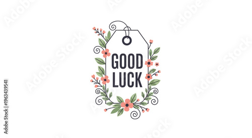 Floral tag displaying the words good luck in a decorative style