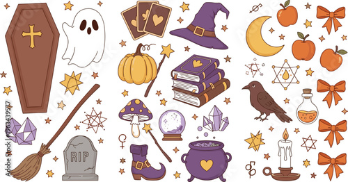 Halloween magic vector set with witch hat, pumpkin, ghost, spell book, crystals and spooky mystical elements